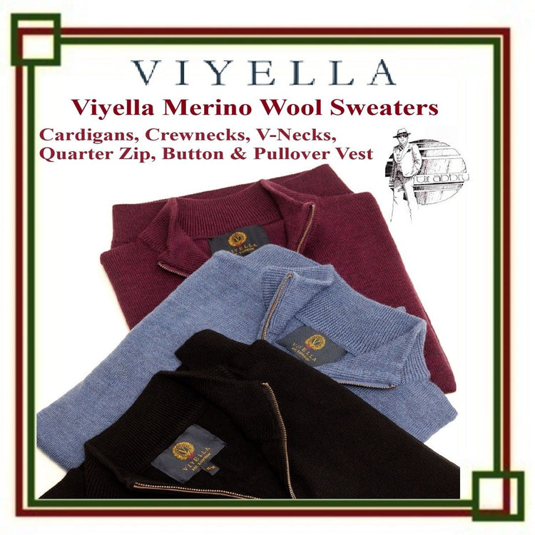 Enjoy our Viyella Sweater Collection in Crewneck, V-Neck, Button Cardigan, Full Zip and 1/4 Zip Mock Neck Sweaters in Cottons, Merino Wools, Cotton Cashmere, and Poly Wools
