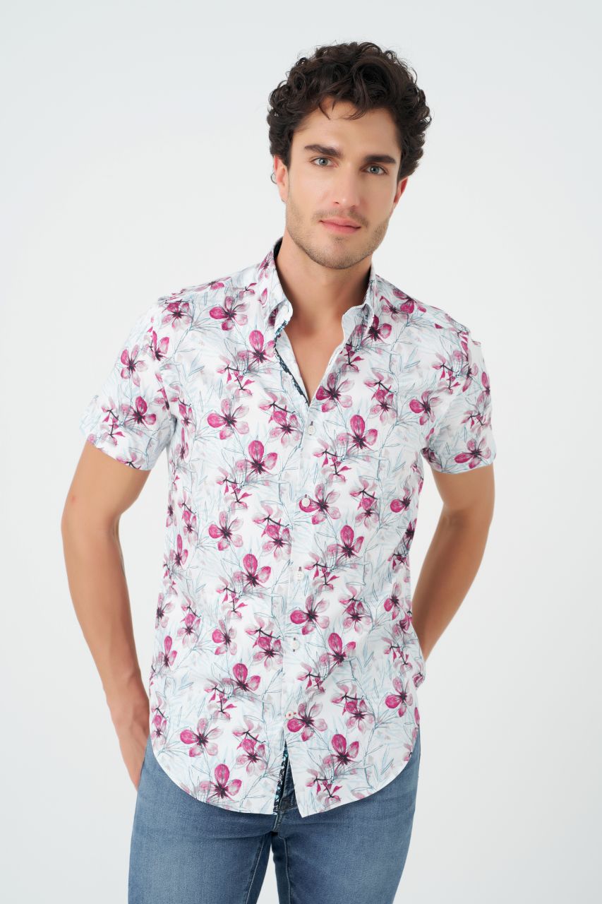 Leo Chevalier Design White Multi Wine Floral Men's Casual Short Sleeve Shirt
