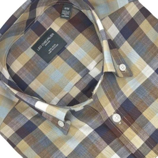 Leo Chevalier Design Blue Multi Colored Plaid Short Sleeve Button-Down for Men