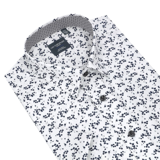 Leo Chevalier Design Black Print on White Hidden Button-Down Cotton Short Sleeve Shirt