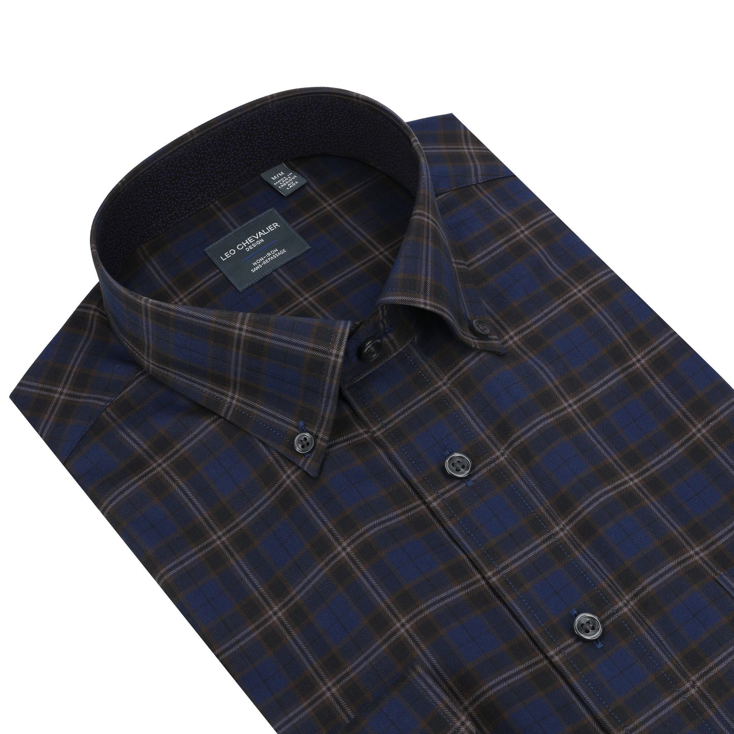 Leo Chevalier Design Cotton Navy Plaid Men's Button Down Long Sleeve Shirt