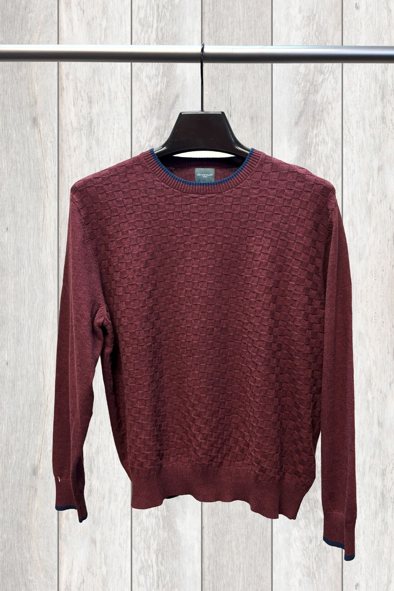 Leo Chevalier Design Burgundy Crewneck Pullover Mens Sweater with Banded Cuff