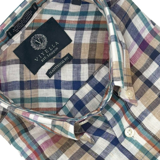 Viyella Multi Plaid Premium Linen Short-Sleeve Button-Down