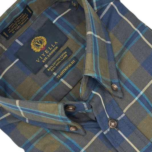 Viyella Teal Green & Blue Plaid 80% Cotton Wool Long Sleeve Sport Shirt