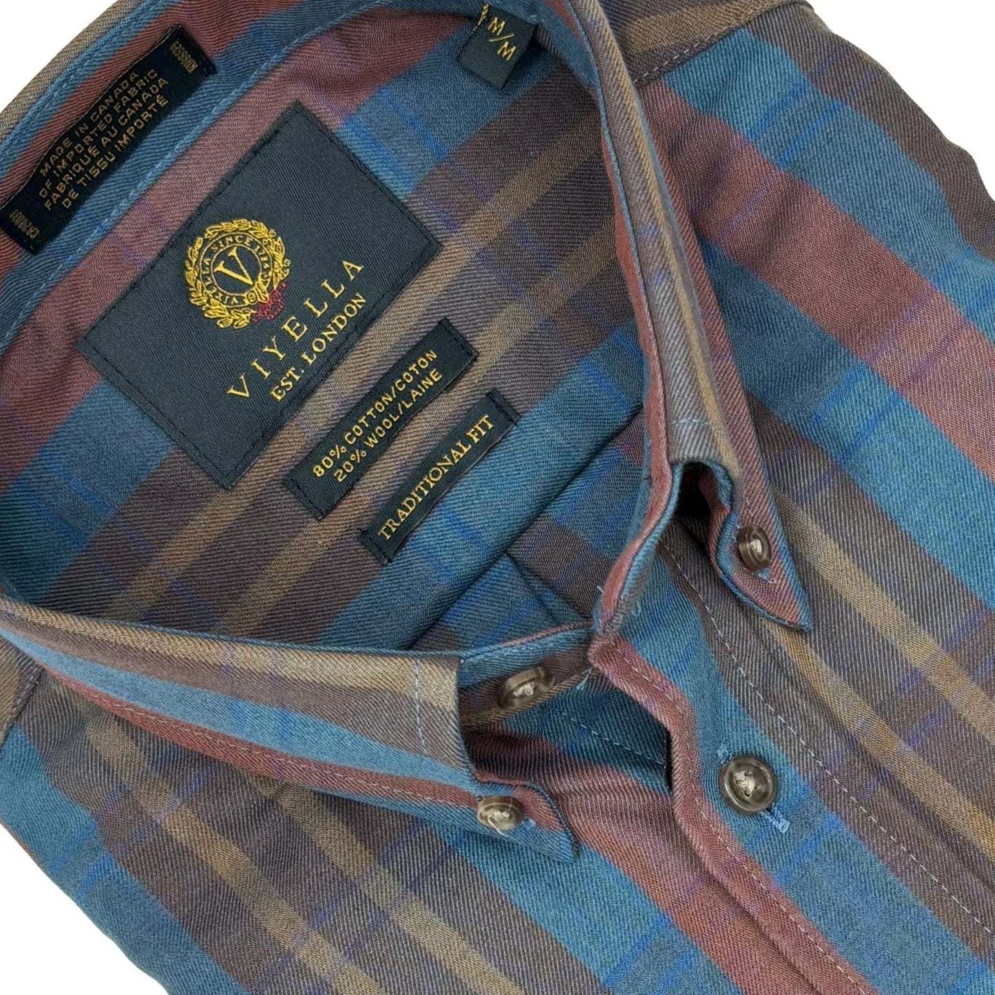 Viyella Brown Plaid 80% Cotton Wool Men’s Casual Long Sleeve Shirt