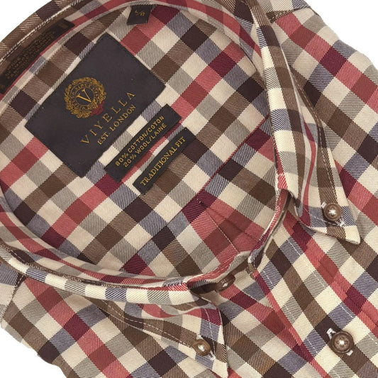 Viyella Cream & Red Gingham 80% Cotton Wool Casual Long Sleeve Shirt