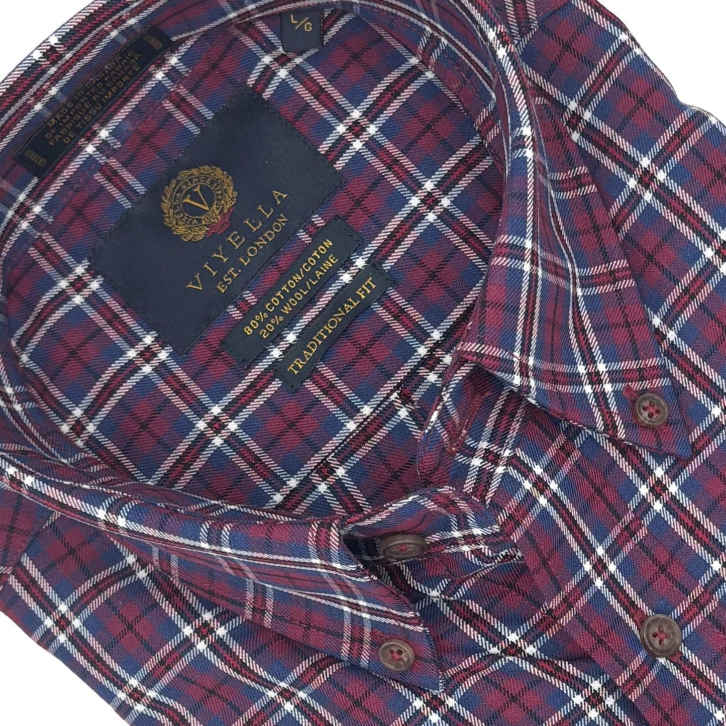 Viyella Wine Plaid with White Borders 80% Cotton Wool Sport Shirt