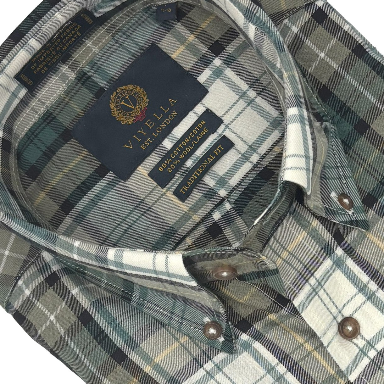 Viyella Tailored Fit • Warm Sage Green Plaid Men's Long Sleeve Shirt - Cotton & Wool Blend
