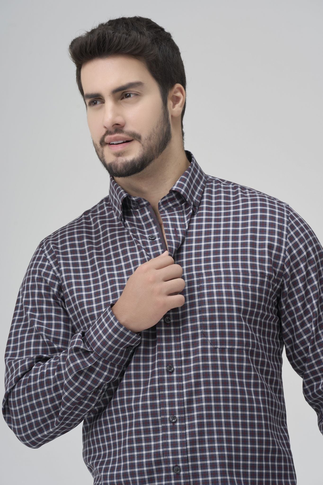 Leo Chevalier Design Regular Fit Wine Check Long Sleeve Men's Button Down Shirt