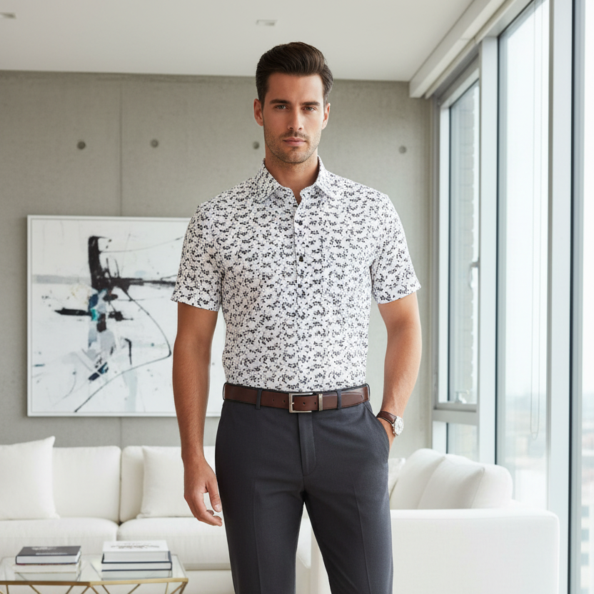 Leo Chevalier Design Black Print on White Hidden Button-Down Cotton Short Sleeve Shirt