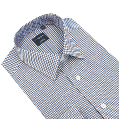 Leo Chevalier Design Stylish Sand Blue Check Slim Fit Non-Iron 100% Cotton Dress Shirt
