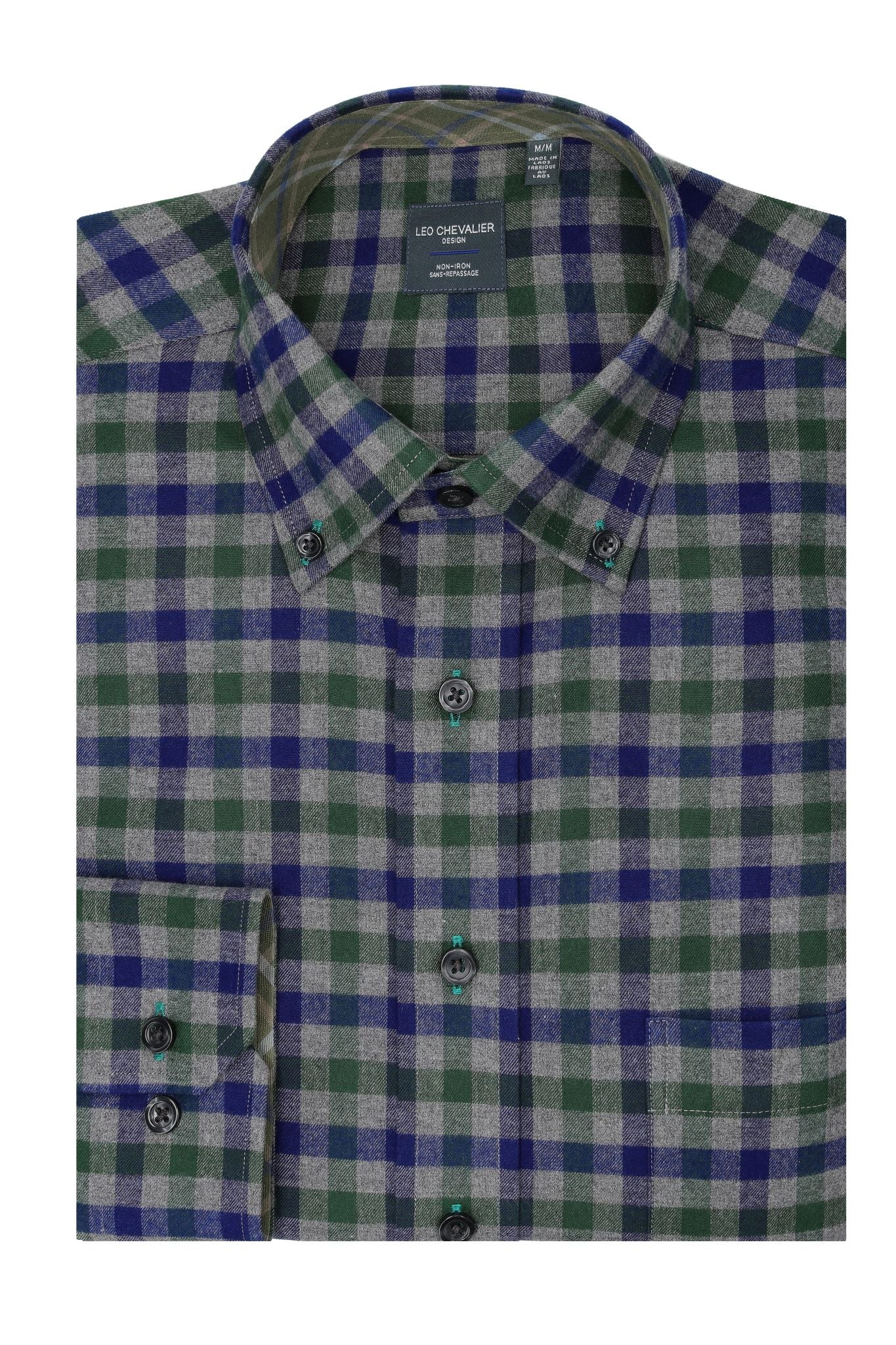 Leo Chevalier Design Forest and Blue Check Designer Long Sleeve Sport Shirt