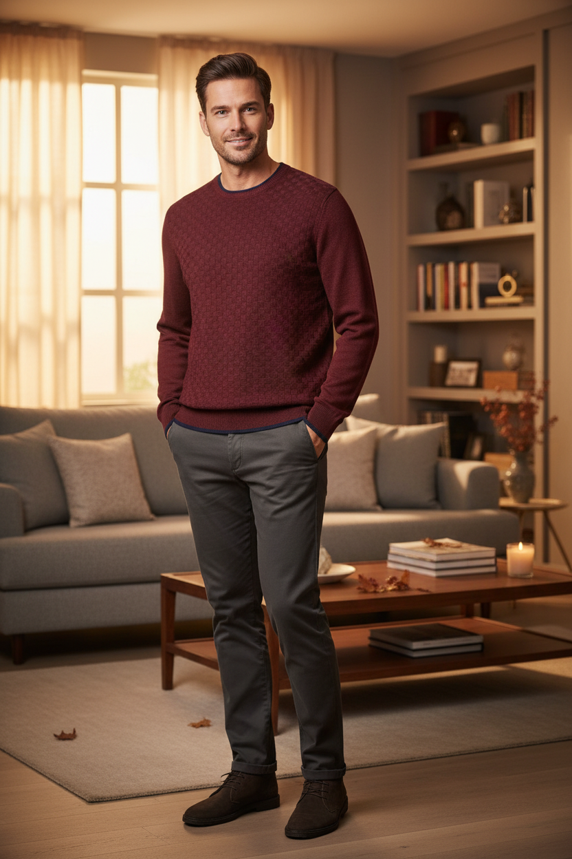 Leo Chevalier Design Burgundy Crewneck Pullover Mens Sweater with Banded Cuff