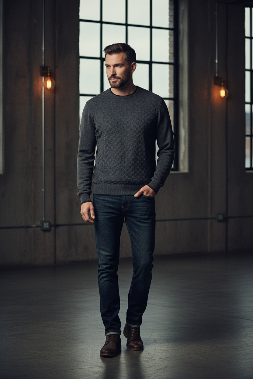 Leo Chevalier Design Dark Grey Crewneck Pullover Mens Sweater with Banded Bottom