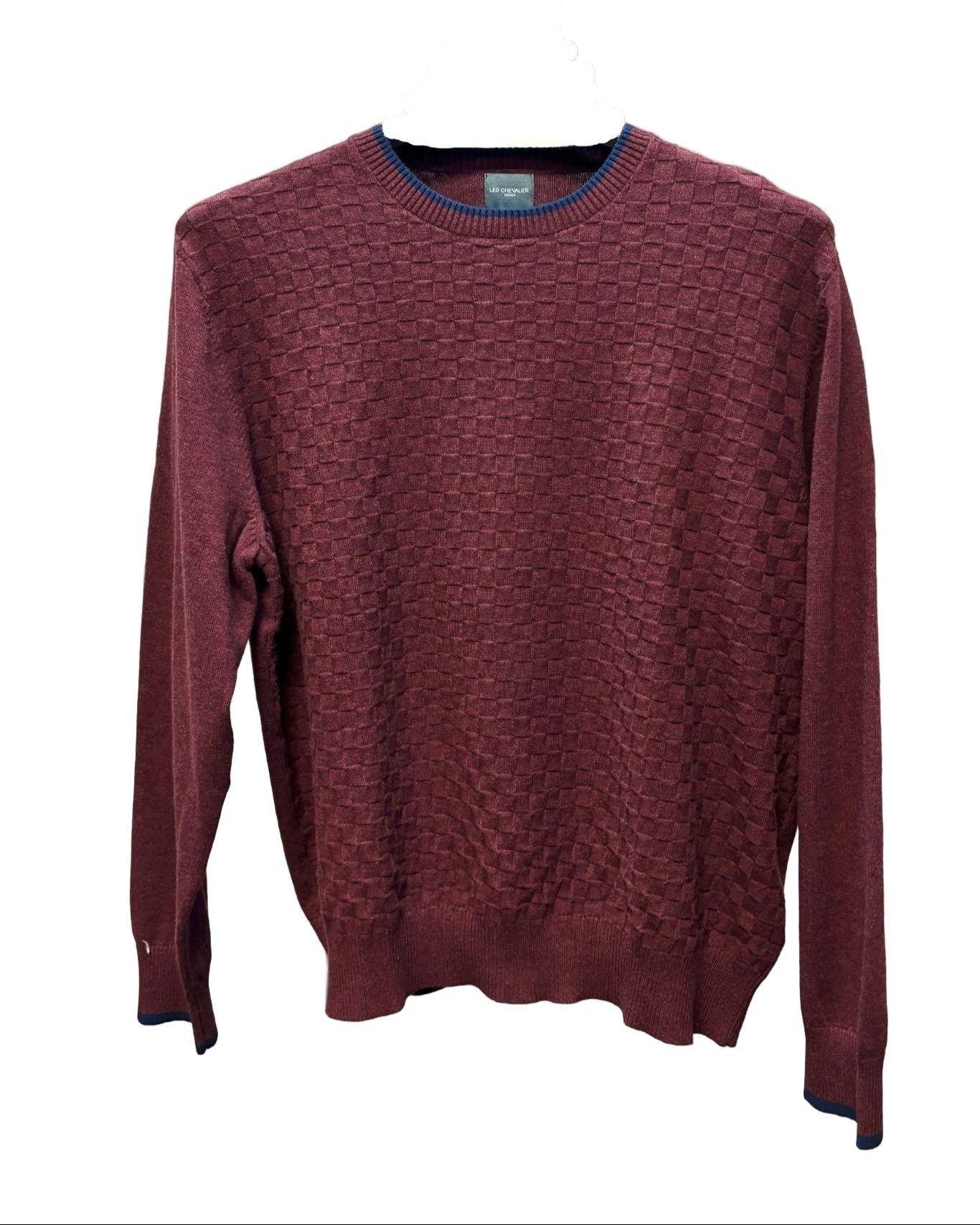 Burgundy Crewneck Pullover Mens Sweater with Banded Cuff