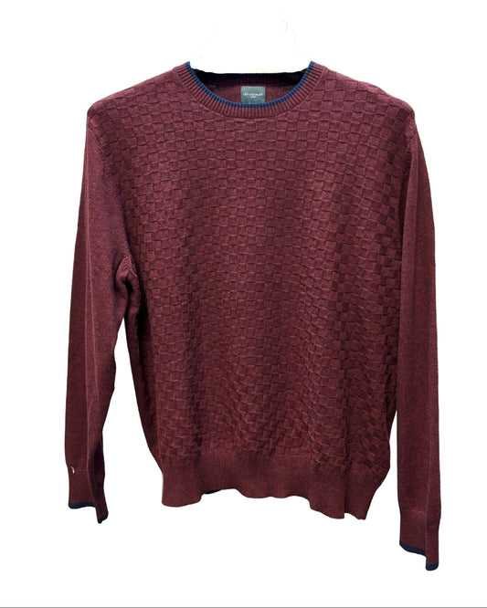 Burgundy Crewneck Pullover Mens Sweater with Banded Cuff