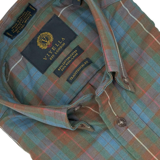 Green & Rust Plaid 80% Cotton Wool Long Sleeve Men’s Button-Down