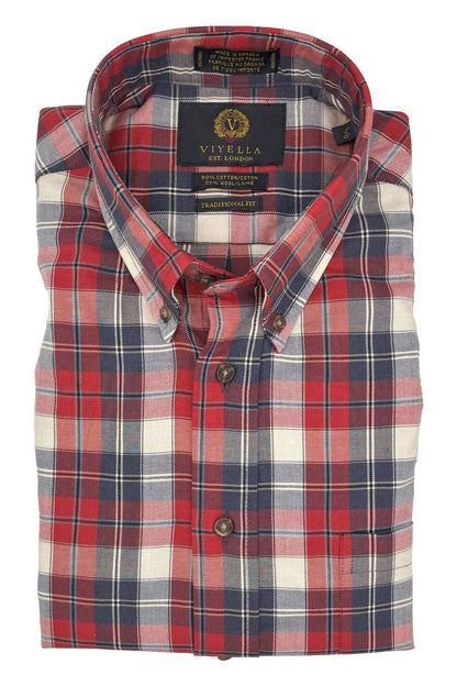 Viyella Red & Blue Plaid 80% Cotton Wool Men’s Long Sleeve Button-Down