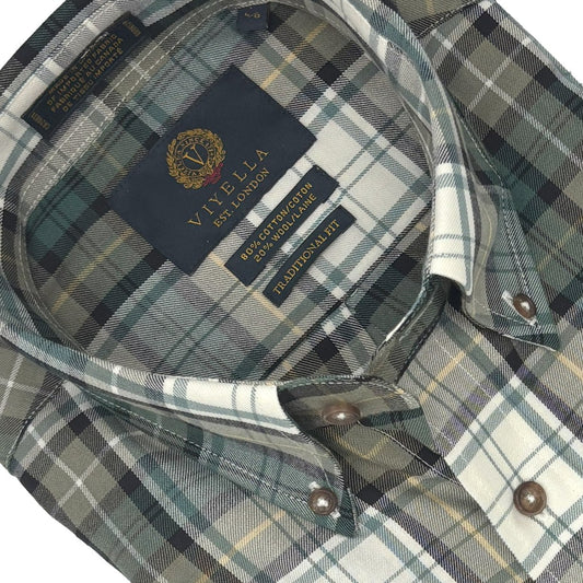 Viyella Tailored Fit •	Warm Sage Green Plaid Men's Long Sleeve Shirt - Cotton & Wool Blend