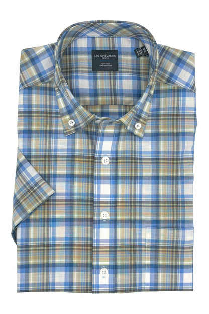 Leo Chevalier Design Blue Plaid Cotton Non-Iron Short Sleeve Shirt