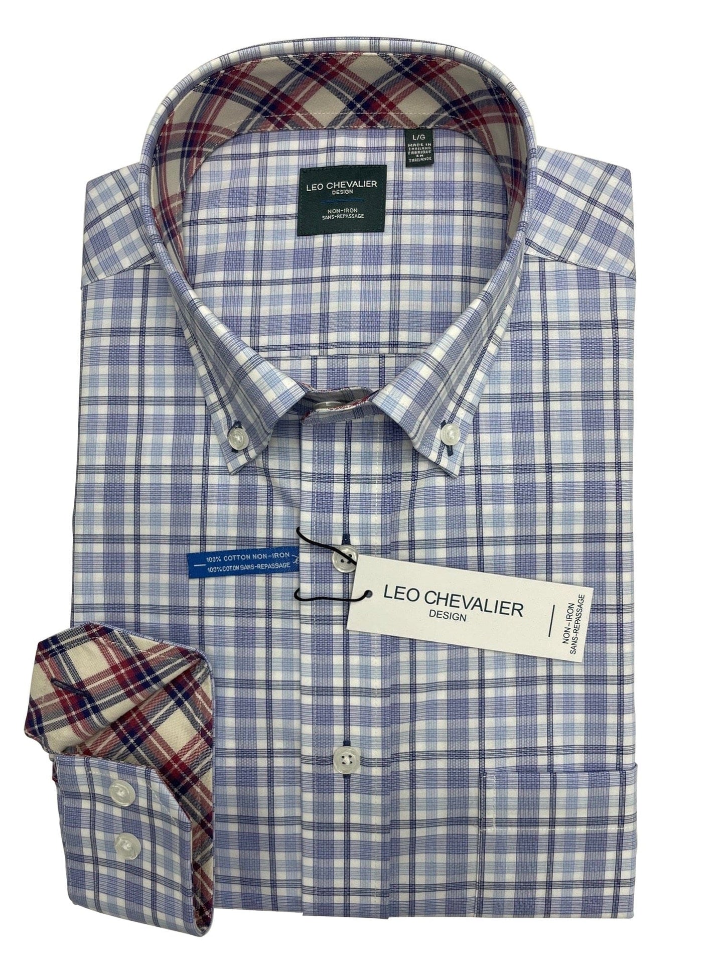 Leo Chevalier Design Blue Plaid Leo Chevalier Cotton Button Down Collar Long Sleeve Shirts