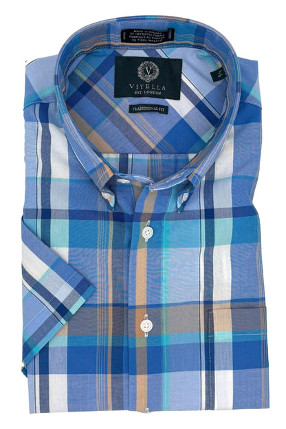 Viyella Blue Plaid Premium Cotton Short Sleeve Shirts for Men