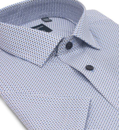 Leo Chevalier Design Blue Printed On White Cotton Leo Chevalier Spread Down Collar Short Sleeve Shirts