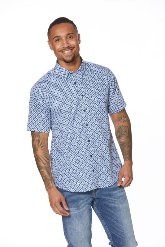 Leo Chevalier Design Blue Punchy Print Men's Button-Down Short-Sleeve