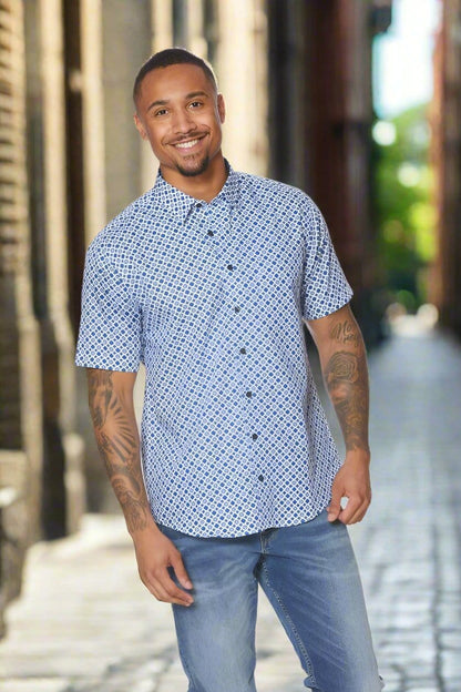 Leo Chevalier Design Blue Punchy Print Men's Button-Down Short-Sleeve