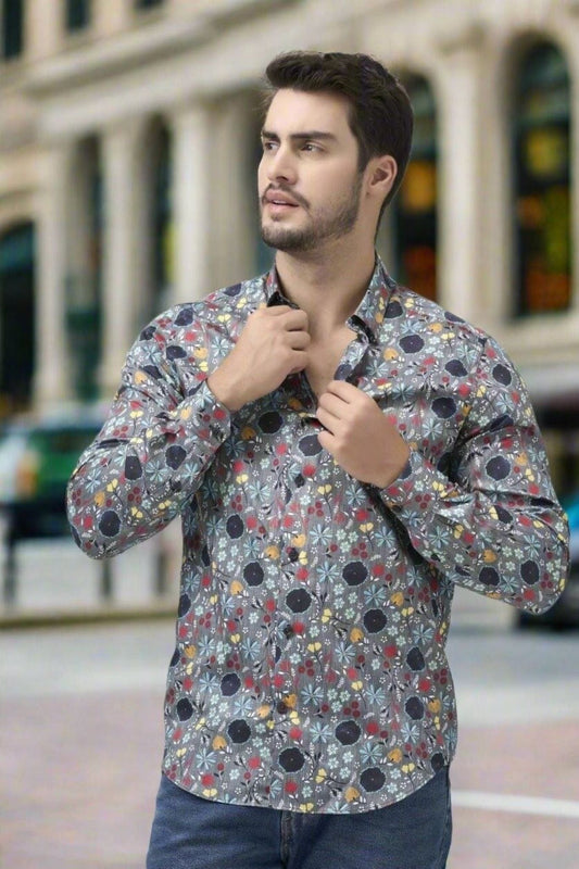 Leo Chevalier Design Bold Multi Color on Grey Long Sleeve Slim Fit Hidden Button Down Shirt