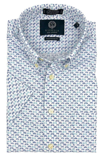 Viyella Button-Down Men's Short Sleeve Shirts - Blue Bicycle Print