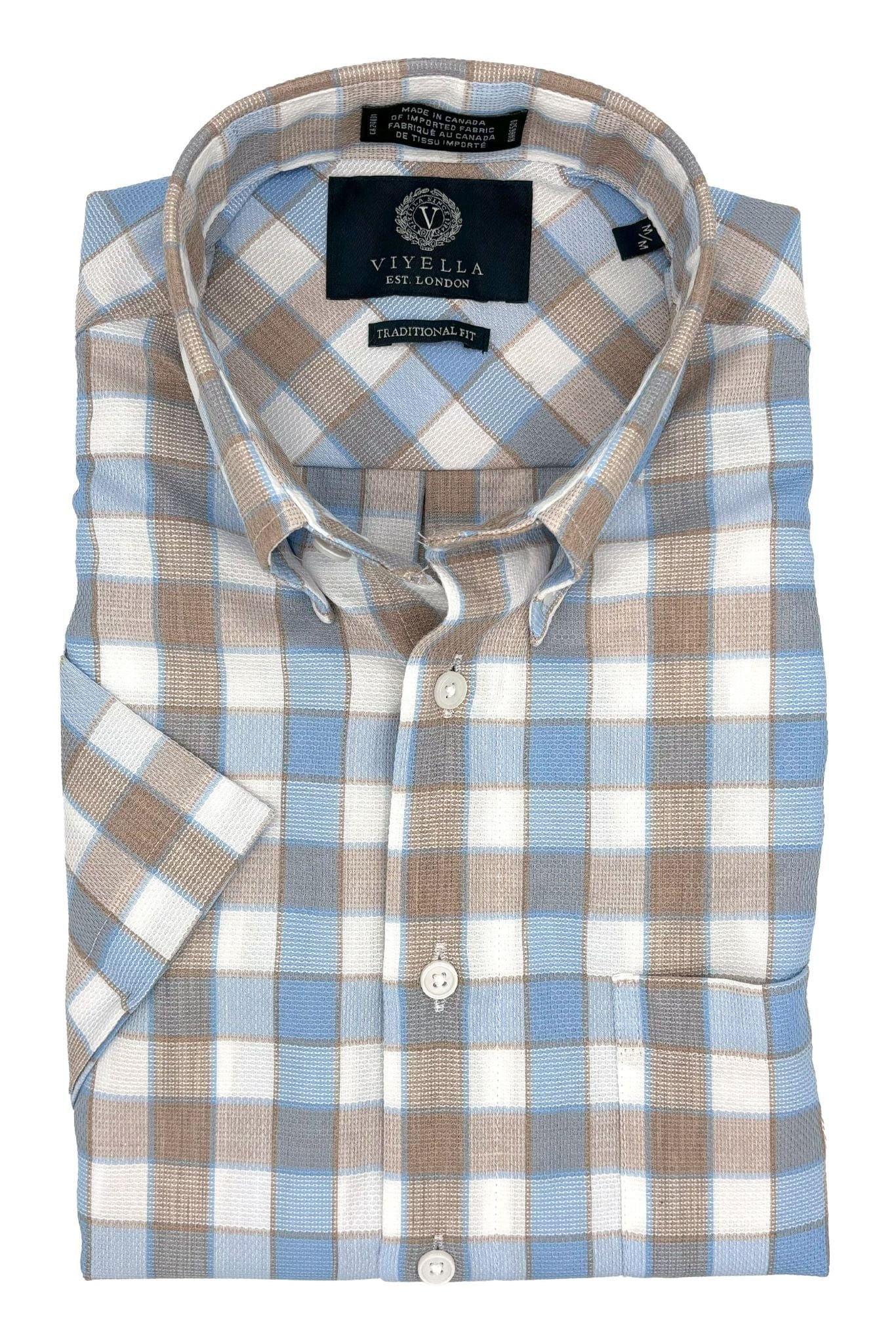 Viyella Button-Down Men's Short Sleeve Shirts - Light Blue Plaid