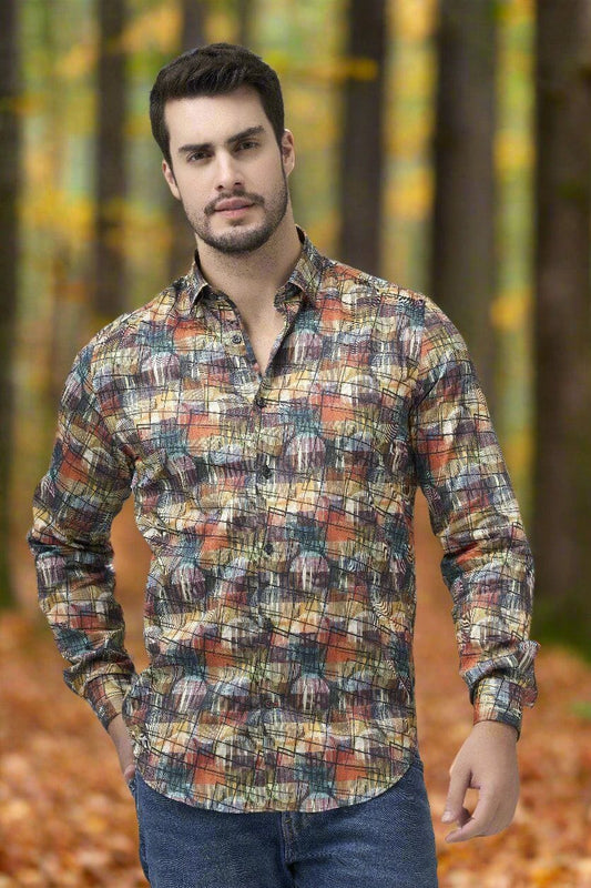 Leo Chevalier Design Chic Sunset Modern Print Long Sleeve Hidden Button Down Shirt