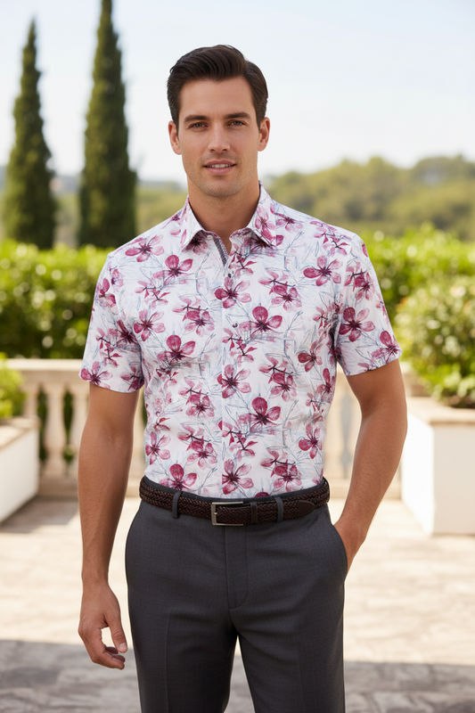 Leo Chevalier Design White Multi Wine Floral Men's Casual Short Sleeve Shirt