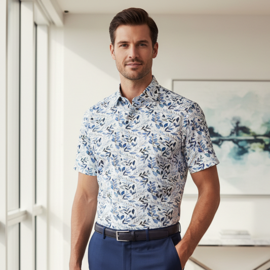 Leo Chevalier Design White Blue Print Button-Down Shirt for Men