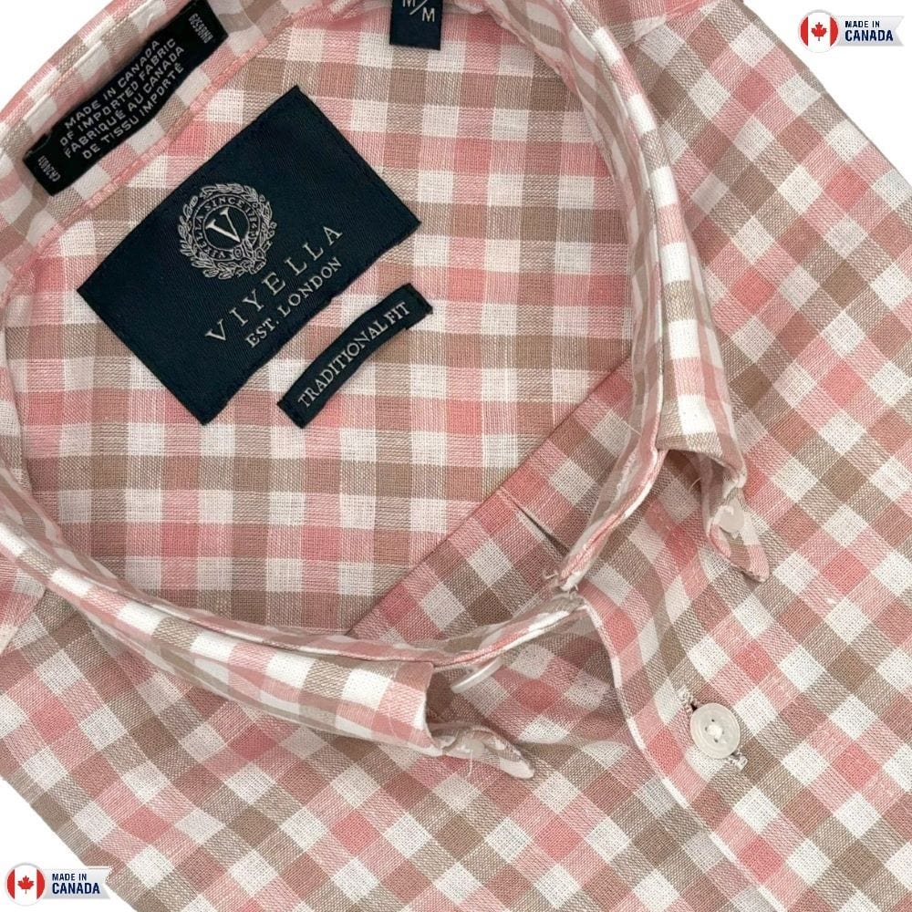 Viyella Coral Gingham Men's Short Sleeve Shirt in Cotton & Linen