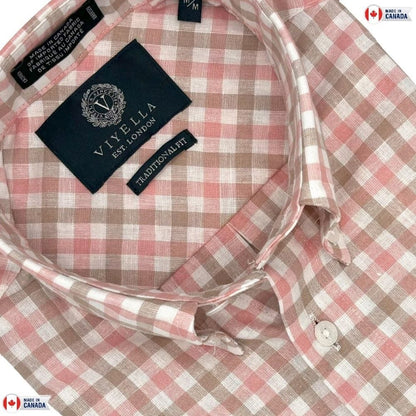 Viyella Coral Gingham Men's Short Sleeve Shirt in Cotton & Linen