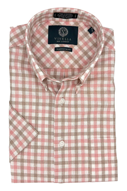 Viyella Coral Gingham Men's Short Sleeve Shirt in Cotton & Linen