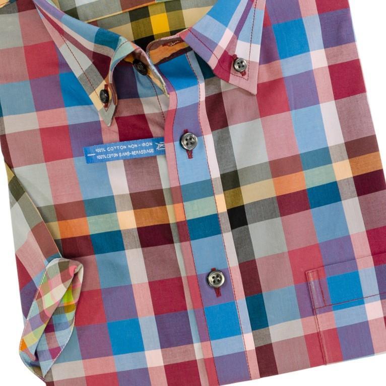 Leo Chevalier Design Cotton Multi Red Plaid Short Sleeve Sport Shirts Leo Chevalier