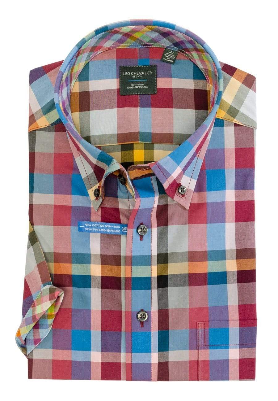 Leo Chevalier Design Cotton Multi Red Plaid Short Sleeve Sport Shirts Leo Chevalier