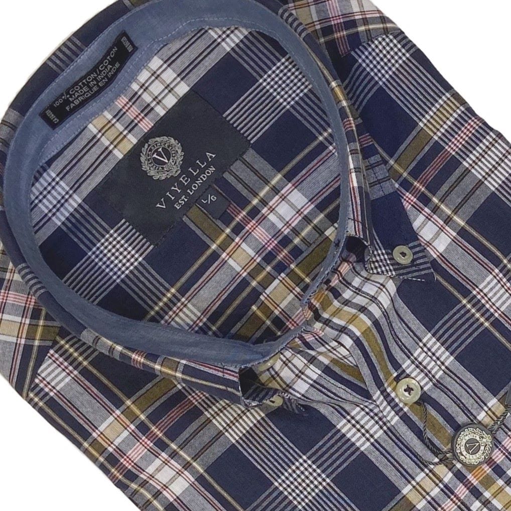 Viyella Viyella Dark Navy Madras Plaid Short Sleeve Sports Shirts for Men