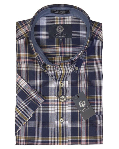 Viyella Dark Navy Madras Plaid Short Sleeve Sports Shirts for Men