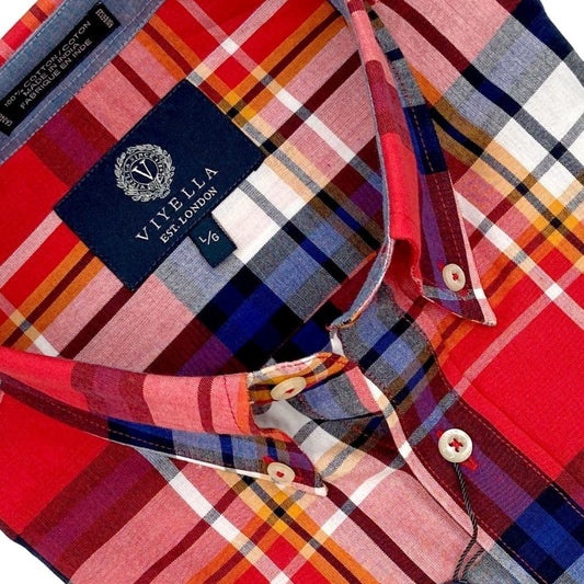 Viyella Expertly Crafted Red White Plaid Madras Shirts - 100% Cotton