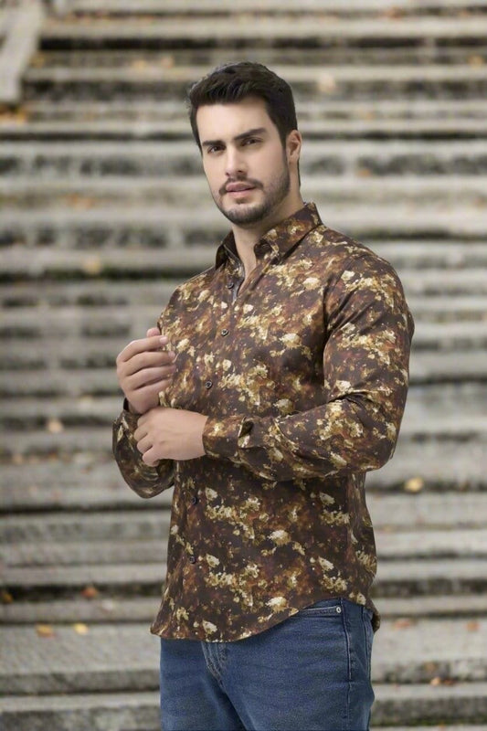 Leo Chevalier Design Fall Printed Dark Copper Long Sleeve Hidden Button Slim Fit Shirt