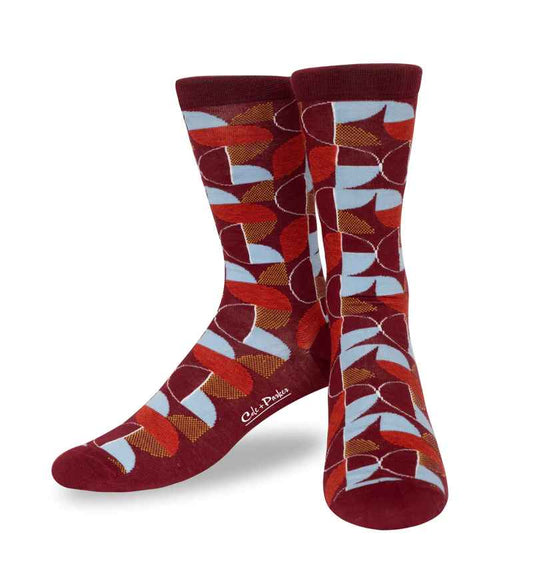 Cole & Parker Geometric Pattern Crew Sock on a Burgundy Background