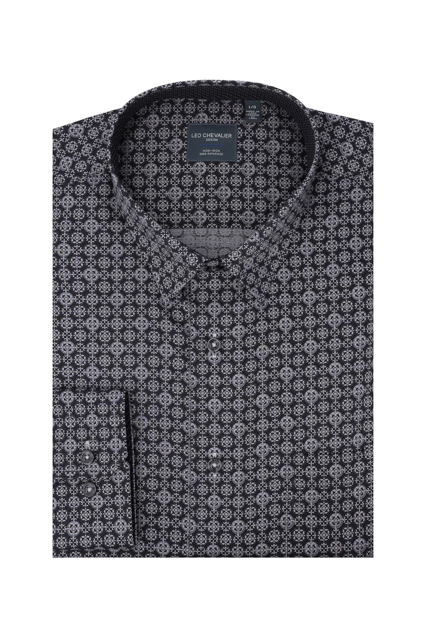 Leo Chevalier Design Grey Print Hidden Button Down Long Sleeve Sport Shirt