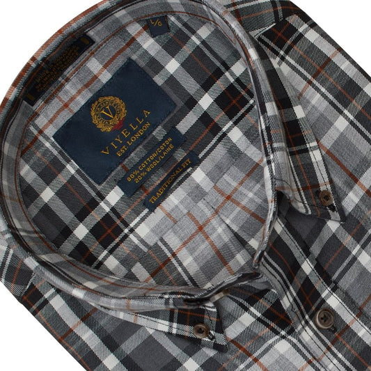 Viyella Heather Grey Plaid Men's Cotton & Wool Long Sleeve Button Down Shirts