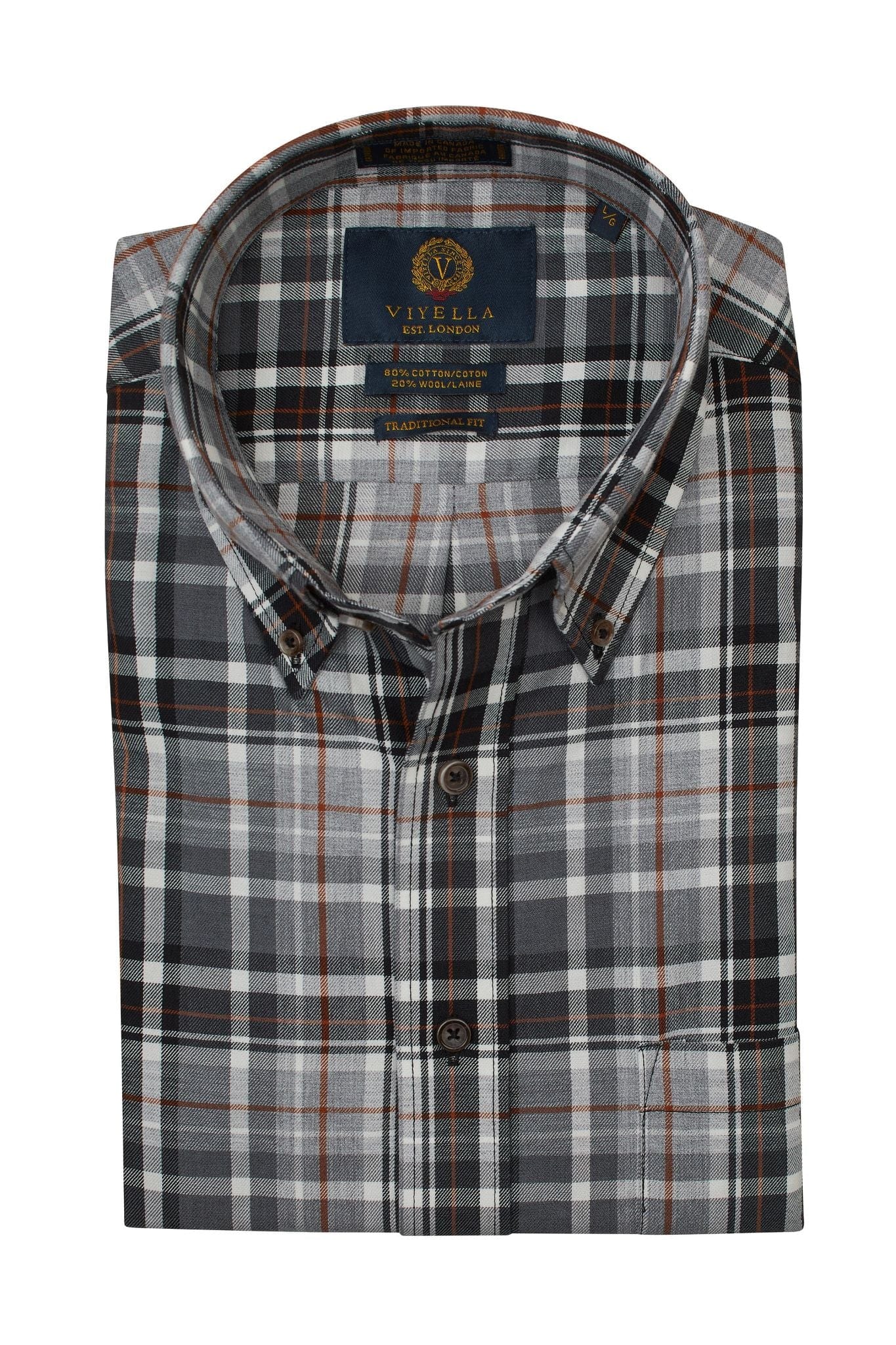 Viyella Heather Grey Plaid Men's Cotton & Wool Long Sleeve Button Down Shirts