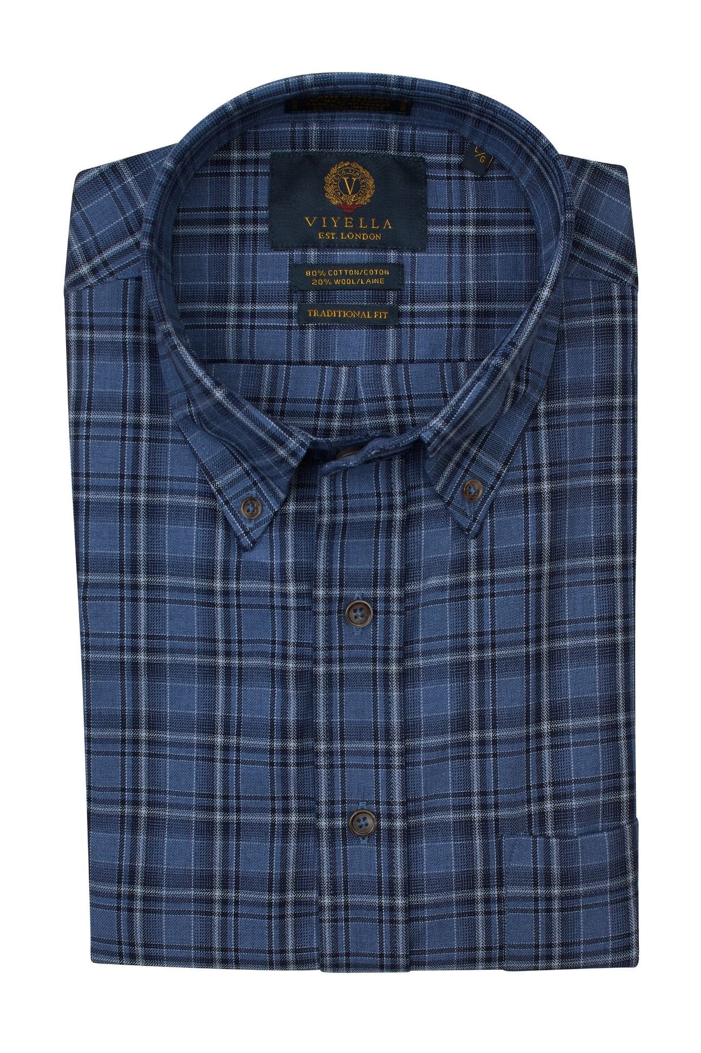 Viyella Indigo Blue Plaid Men's Long Sleeve Button Down Shirts