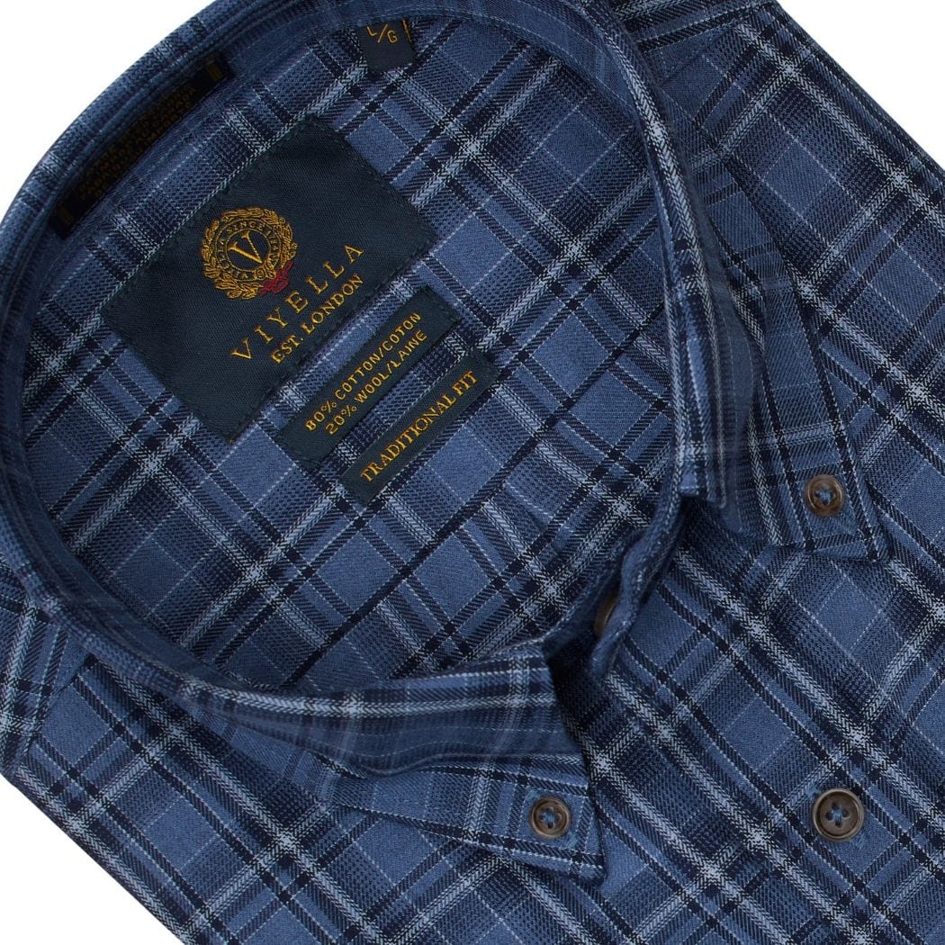 Viyella Indigo Blue Plaid Men's Long Sleeve Button Down Shirts